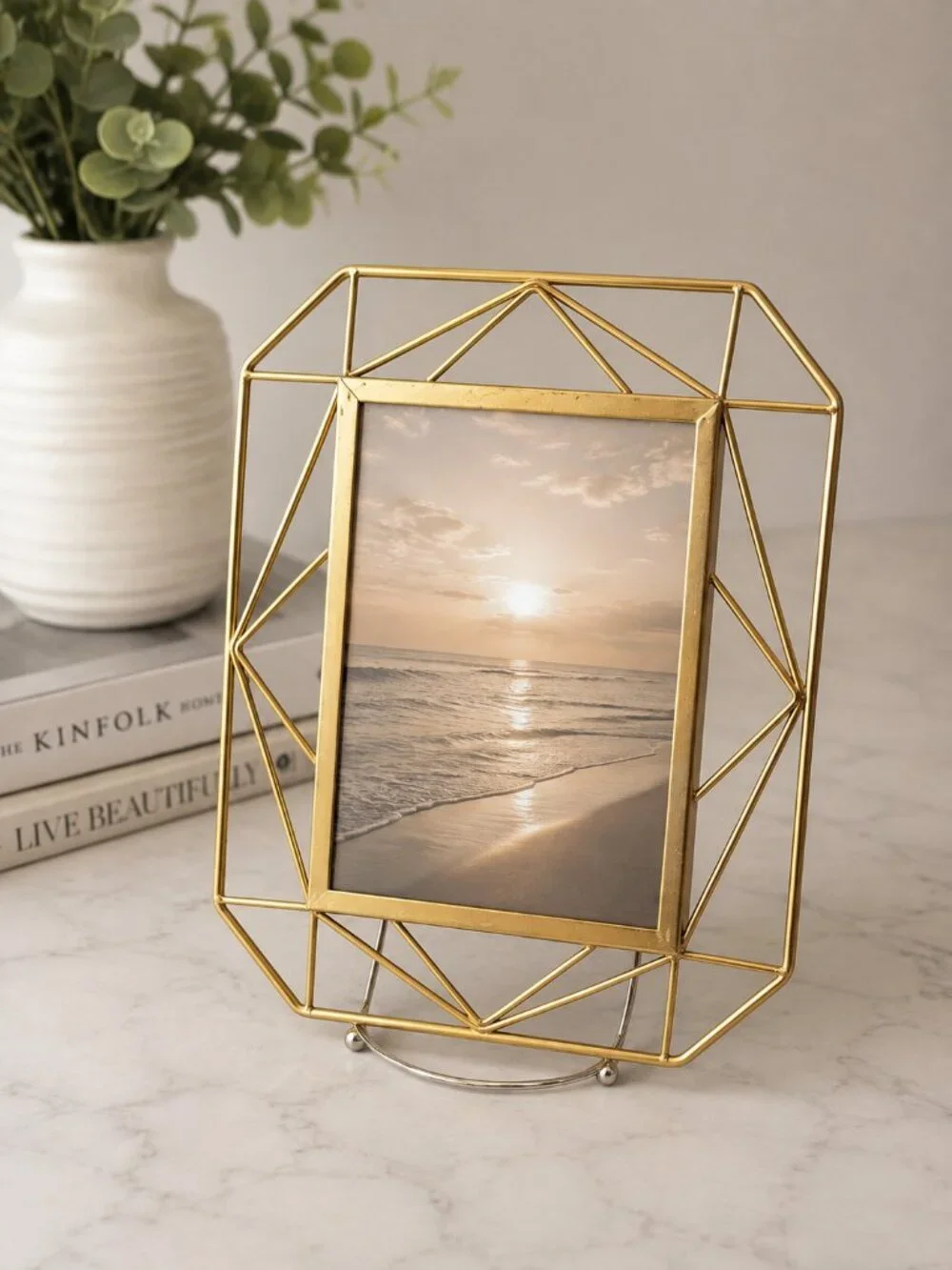 Vintage Gold Geometric Metal 5x7 Picture Frame Easel Tabletop Art Deco MCM